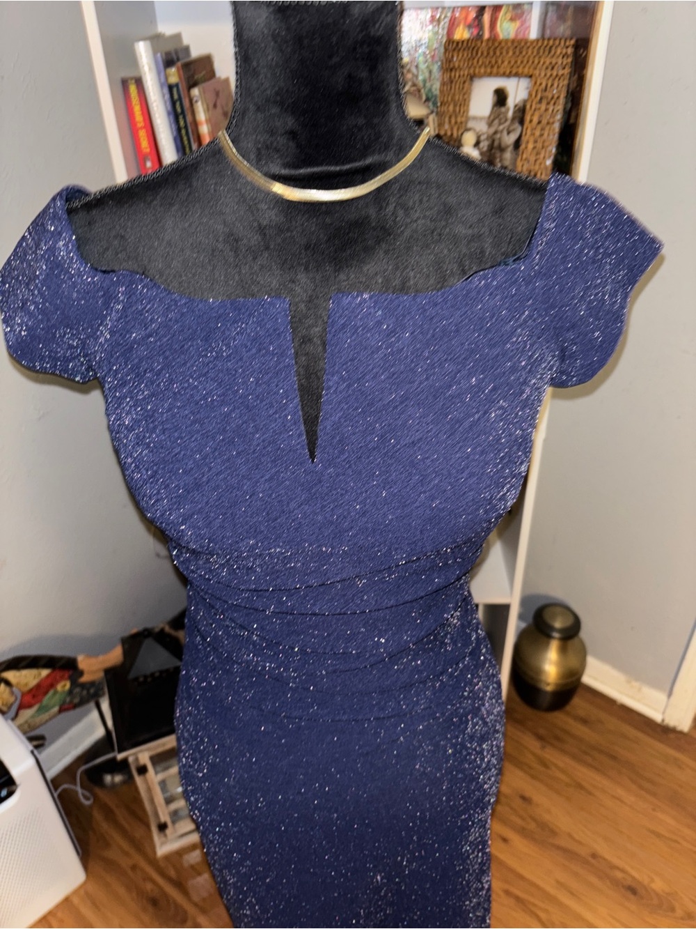Xscape Size 8 Navy Metallic Shimmer Off Shoulder Ruched Cocktail Dress